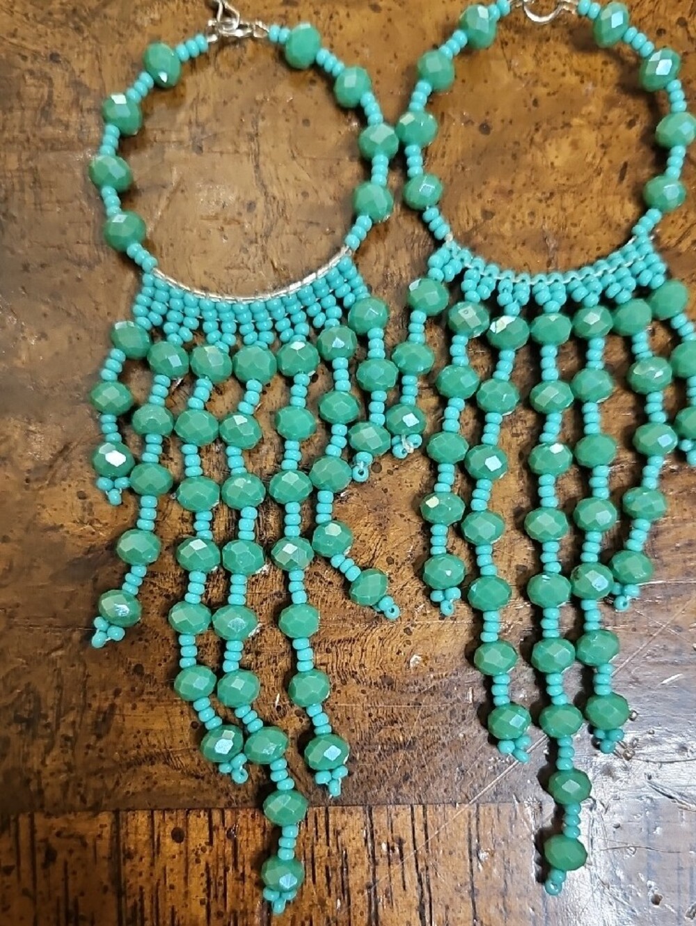 Turquoise Beaded Fringe Hoop Earrings - Women Jewelry - Picture 2 of 7